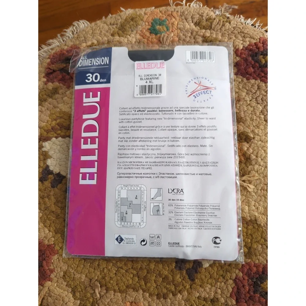 New‎ ELLEDUE 30 Denier Tri-Dimensional Pantyhose BluMarine Blue Size 4 XL